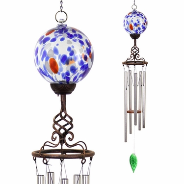 Solar Blue Glass Ball Finial Wind Chime - Click to enlarge
