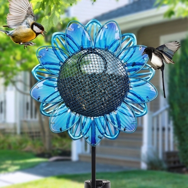 Solar Blue Sunflower Bird Feeder Stake - Click to enlarge
