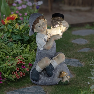 Solar LED Boy w/Jar of Fireflies - Click to enlarge