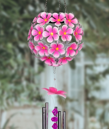 Solar Flower Ball Wind Chime - Pink w/32 LEDs! - Click to enlarge