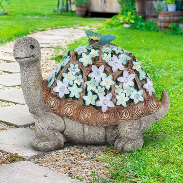 Flower Covered Solar Turtle With Butterfly - Click to enlarge
