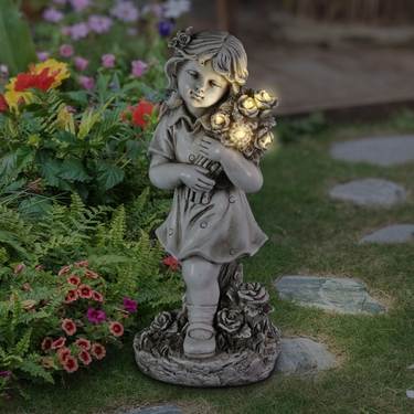Solar Girl Holding LED Flowers Statue - Click to enlarge