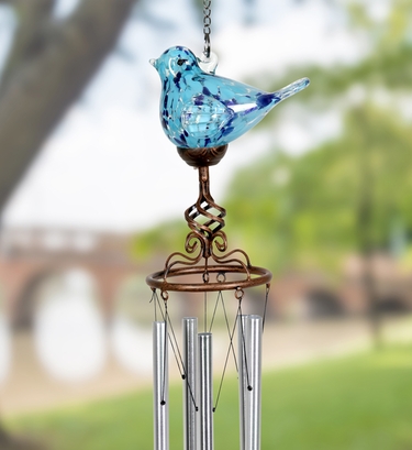 Solar Glass Bird Windchime - Lt Blue - Click to enlarge