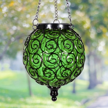 Solar Glass Filigree Lantern - Green - Click to enlarge