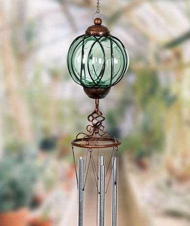Solar Green Glass Windchime - Metal Links Oval - Click to enlarge