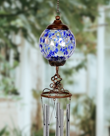 Solar Pearlized Glass Finial Wind Chime - Blue - Click to enlarge