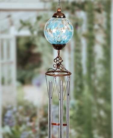 Solar Pearlized Glass Finial Wind Chime - Lt Blue - Click to enlarge