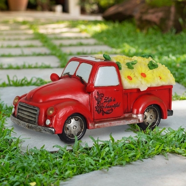Solar Red Truck w/LED Sunflowers - Click to enlarge
