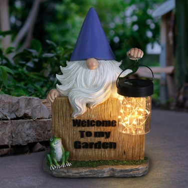 Solar Welcome Gnome Holding Jar of Fireflies - Click to enlarge