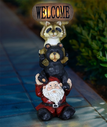 Solar Welcome Sign - Gnome, Bear & Raccoon - Click to enlarge