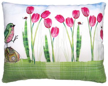 Spring Bird w/Tulips Outdoor Pillow - Click to enlarge