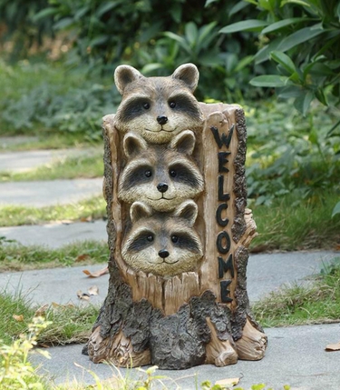 Stacking Raccoons in Stump Statue - Click to enlarge