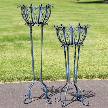 Tall Iron Basket Plant Stands (Set of 2) - Antique Blue - Click to enlarge