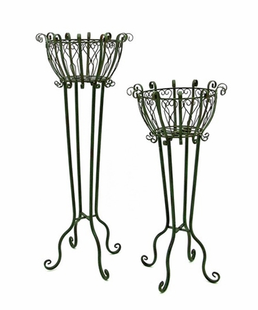 Tall Iron Basket Plant Stands (Set of 2) - Antique Green - Click to enlarge