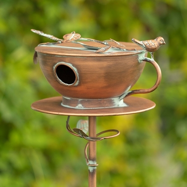Antique Copper Tea Cup Birdhouse Stake - Click to enlarge