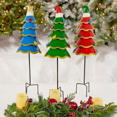 Colorful Christmas Tree w/Santa Hats Yard Stakes (Set of 3) - Click to enlarge