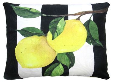 Two Lemons on Black Stripe Outdoor Pillow - Click to enlarge