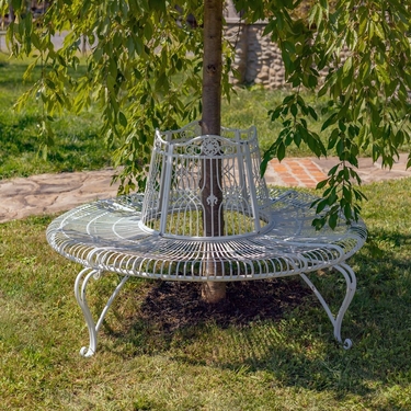 Victorian Style Round Iron Tree Bench - Antique White - Click to enlarge
