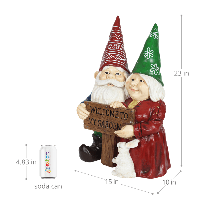 Exhart Solar Garden Gnome Couple Statuary w/LED Welcome Sign, Durable Resin Garden Decor,10”x15”x23” Exhart Solar Couple in Red Retro Truck with Welcome Sign Gnomes