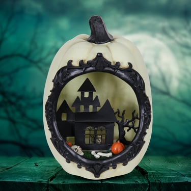 White Pumpkin w/LED Mansion Scene - Click to enlarge