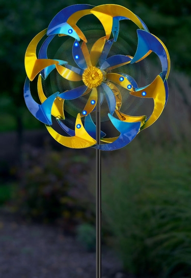 Wind-Powered LED Light Spinner: Blue & Yellow - Click to enlarge
