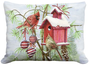 Winter Birdhouse & Cardinal Outdoor Pillow - Click to enlarge