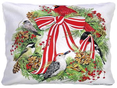Wreath w/Ribbon & Cardinal Outdoor Pillow - Click to enlarge
