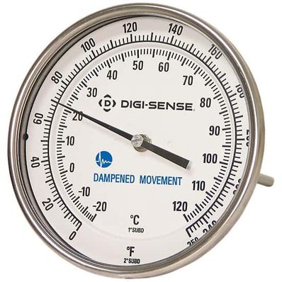 Digi-Sense Dampened Back-Con Bimetal Thermometer, 3 in. Dial, 24 in. L/0-250F/-20-120C - 90550-69