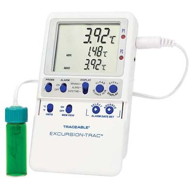 Digi-Sense Traceable Excursion-Trac Datalogging Thermometer with Calibration; 1 Vaccine Bottle Probe - 98767-63