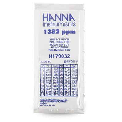 Hanna 1382 mg/L (ppm) TDS Solution, (25) 20 mL Sachets - HI70032P
