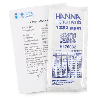 Hanna 1382 mg/L (ppm) TDS Solution with Certificate, (25) 20 mL Sachets - HI70032C
