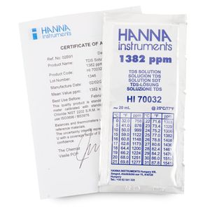 Hanna 1382 mg/L (ppm) TDS Solution with Certificate, (25) 20 mL Sachets - HI70032C