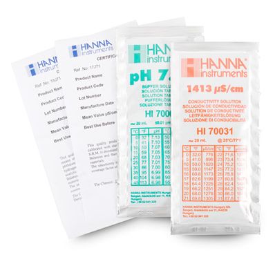 Hanna 1413 µS/cm EC Solution & pH 7.01 Buffer Sachet Kit with Certificate, (20) 20 mL Sachets - HI77100C