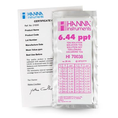 Hanna 6.44 g/L (ppt) TDS Solution with Certificate, (25) 20 mL Sachets - HI70038C