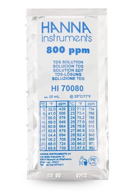 Hanna 800 mg/L (ppm) TDS Solution with Certificate, (25) 20 mL Sachets - HI70080C Hanna 800 mg/L (ppm) TDS Solution with Certificate, (25) 20 mL Sachets - HI70080C