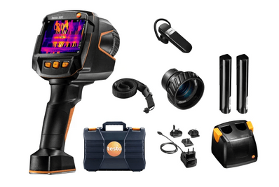 Testo 883 Kit TI (27Hz, with laser, wWCR) (incl. wide-angle lens 42 x 23, Telephoto lens 12 x 9, Li-ion rechargeable battery, Spare rechargeable battery, Battery-charging station with USB cable, Carrying strap for the thermal imager) - 0563 8836