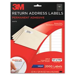 3M Permanent Adhesive White Mailing Labels f/ Inkjet Printers, 1/2 x1 -3/4, 2000/PK MMM3200R