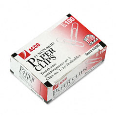 ACCO Nonskid Economy Paper Clips, Steel Wire, No. 1, Silver, 100/Box, 10 Boxes/Pack ACC72385