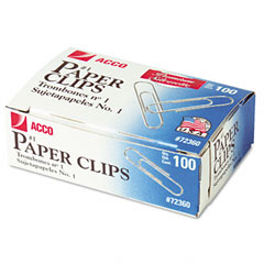 ACCO Smooth Finish Premium Paper Clips, Wire, No. 1, Silver, 100/Box, 10 Boxes/Pack ACC72360