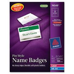 Avery Badge Holders w/Laser/Inkjet Inserts, Top Loading, 2-1/4 x 3-1/2, White, 100/Box AVE74549