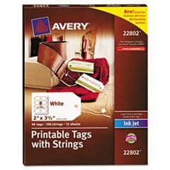 Avery Blank Printer-Compatible Tags With Strings, 2 x 3 1/2, White, 96/Pack AVE22802