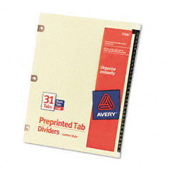 Avery Copper Reinforced Leather Tab Dividers, 31-Tab, 1-31, Letter, Black, 31/Set AVE25187