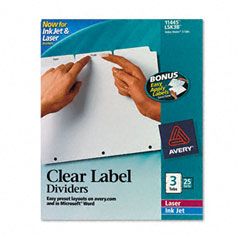 Avery Index Maker Clear Label Dividers, 3-Tab, Letter, White, 25 Sets AVE11445