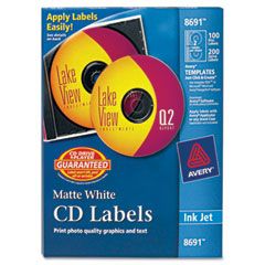 Avery Inkjet CD/DVD Labels, Matte White, 100/Pack AVE8691