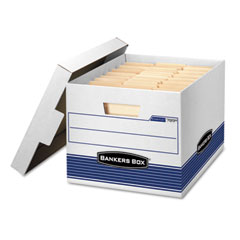 Bankers Box Quick/Stor Storage Box, Letter/Legal, Locking Lid, White/Blue, 12/Carton FEL00789