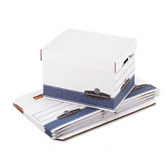 Bankers Box Quick/Stor Storage Box, Letter/Legal, Locking Lid, White/Blue, 4/Carton FEL0078907