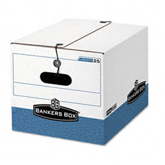 Bankers Box Storage Box, Legal/Letter, Tie Closure, White/Blue, 4/Carton FEL0002501