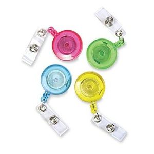 Baumgartens Products - ID Card Reel, w/ Belt Clip, 30amp;quot;L, 4/PK, Translucent Assorted - Sold as 1 PK - Translucent ID card reel attaches to your belt for easy badge access. Simply pull the reel out to show your badge to security. Card reel extends 30amp;quot; and then retracts. ID card reels with belt clip come in an assortment of translucent colors. Each meets or exceeds standard for RoHS compliance for lead, mercury, bromine, chrome and cadmium.
