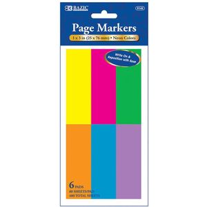 BAZIC 80 Ct. 1" X 3" Neon Page Markers 6/Pack