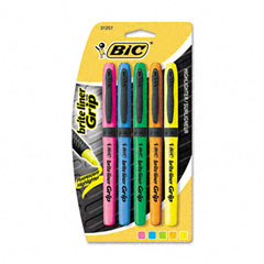 BIC Brite Liner Grip Highlighter, Chisel Tip, Fluorescent Colors, 5/Set BICGBLP51ASST